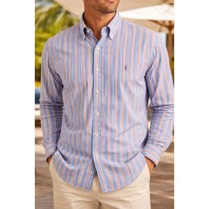 Ralph Lauren Button Down Shirt Mens L Blue Orange Striped Classic Fit Cotton